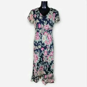 Positive Attitude Maxi Dress Womens Black Pink Roses Garden Flowy Party size 8